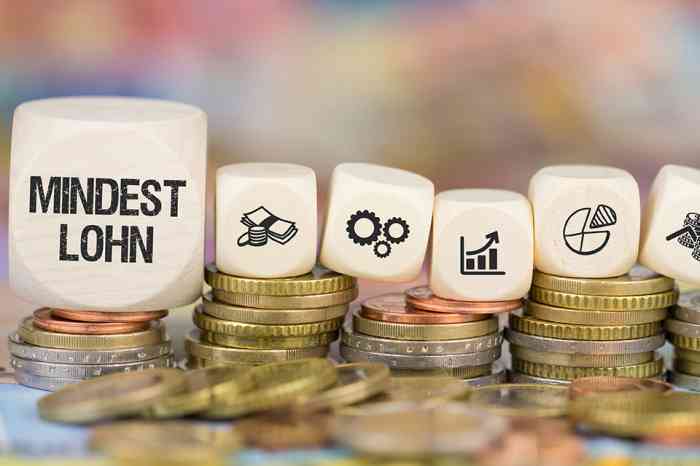 © magele-picture - stock.adobe.com Münzen und Würfel mit Symbolen und Beschriftung Mindestlohn